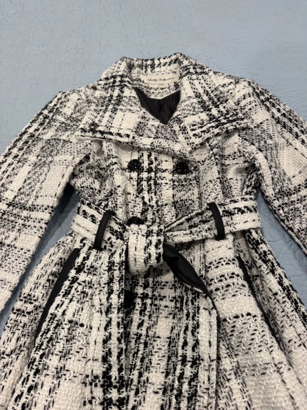 NWT SEBBY COLLECTION SOFT SHELL DOUBLE BREASTED PEA COAT BLACK/WHITE SIZE LARGE